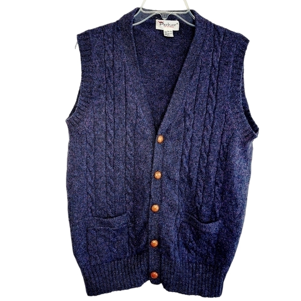 Vintage Parker of Vienna Shetland Wool Cable Knit Vest Large Deep Purple EUC